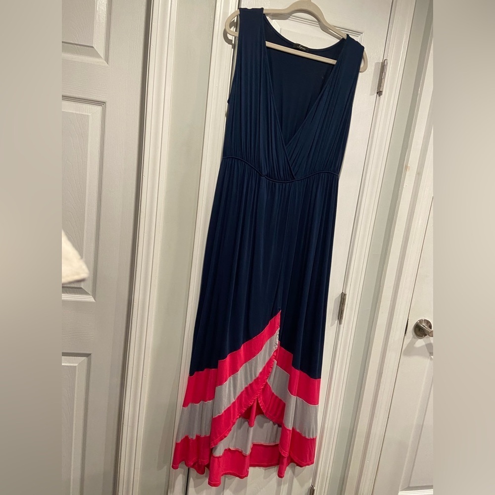Soprano Size 2X Navy Blue Pink Stripe Flowy Stretch Wrap Skirt Maxi Dress